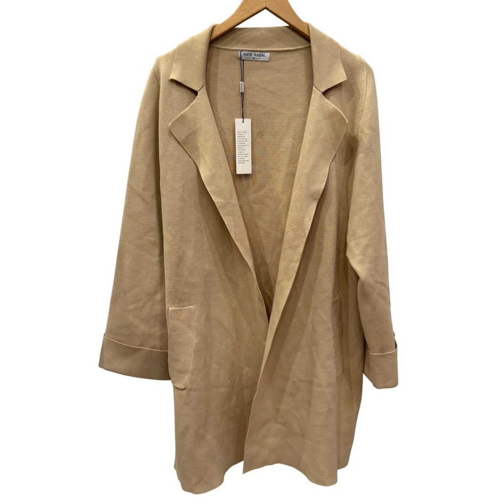 NWT KATE KASIN Tan Knit Collarless Open Front Cardigan‎ Jacket Women's 2XL